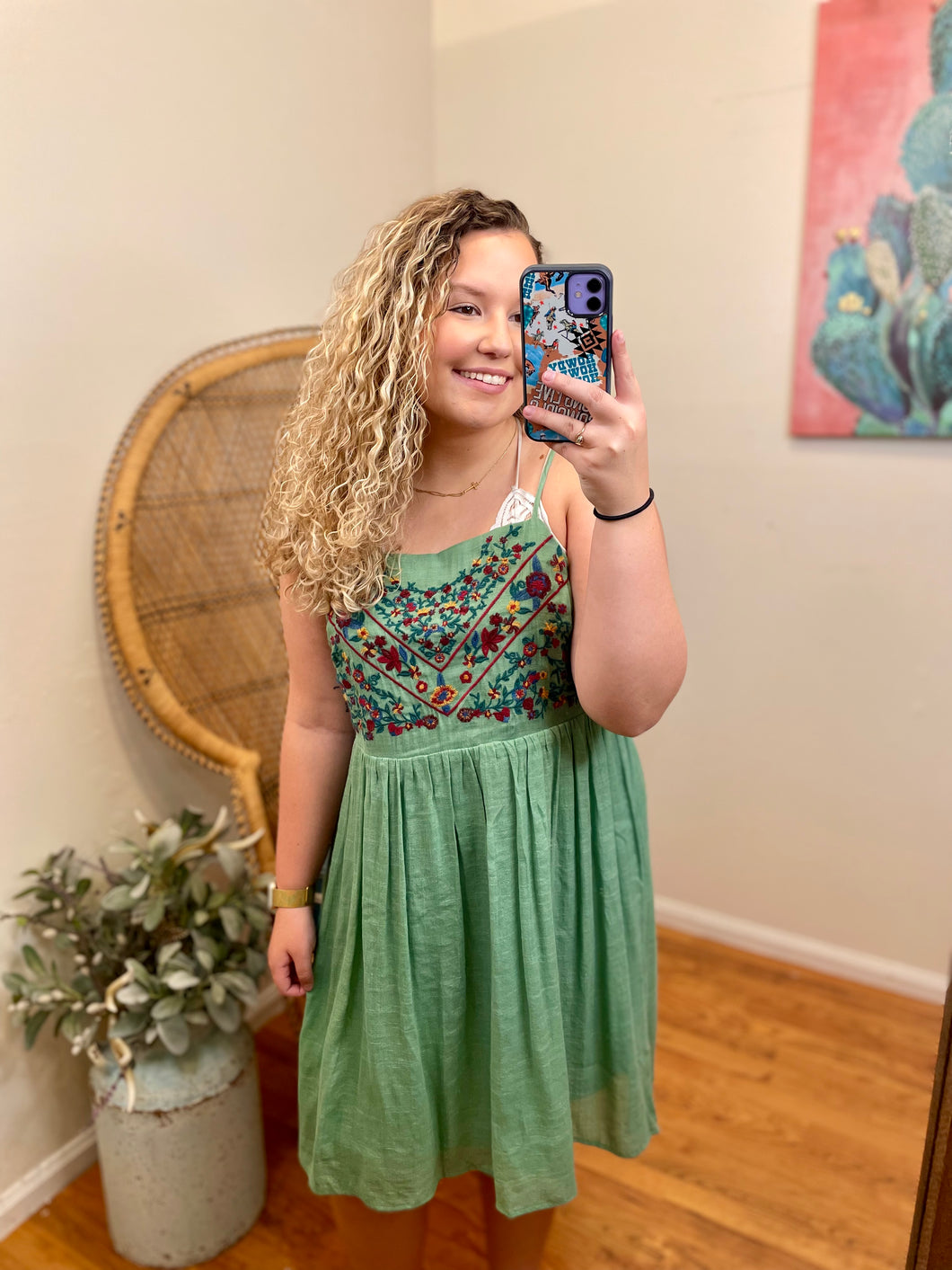 Embroidered Sage Dress