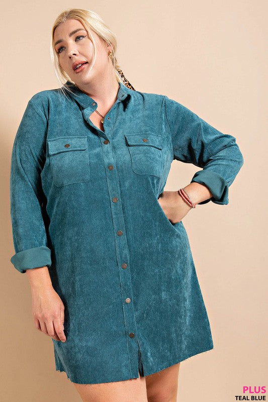 Teal Corduroy Shirt Dress