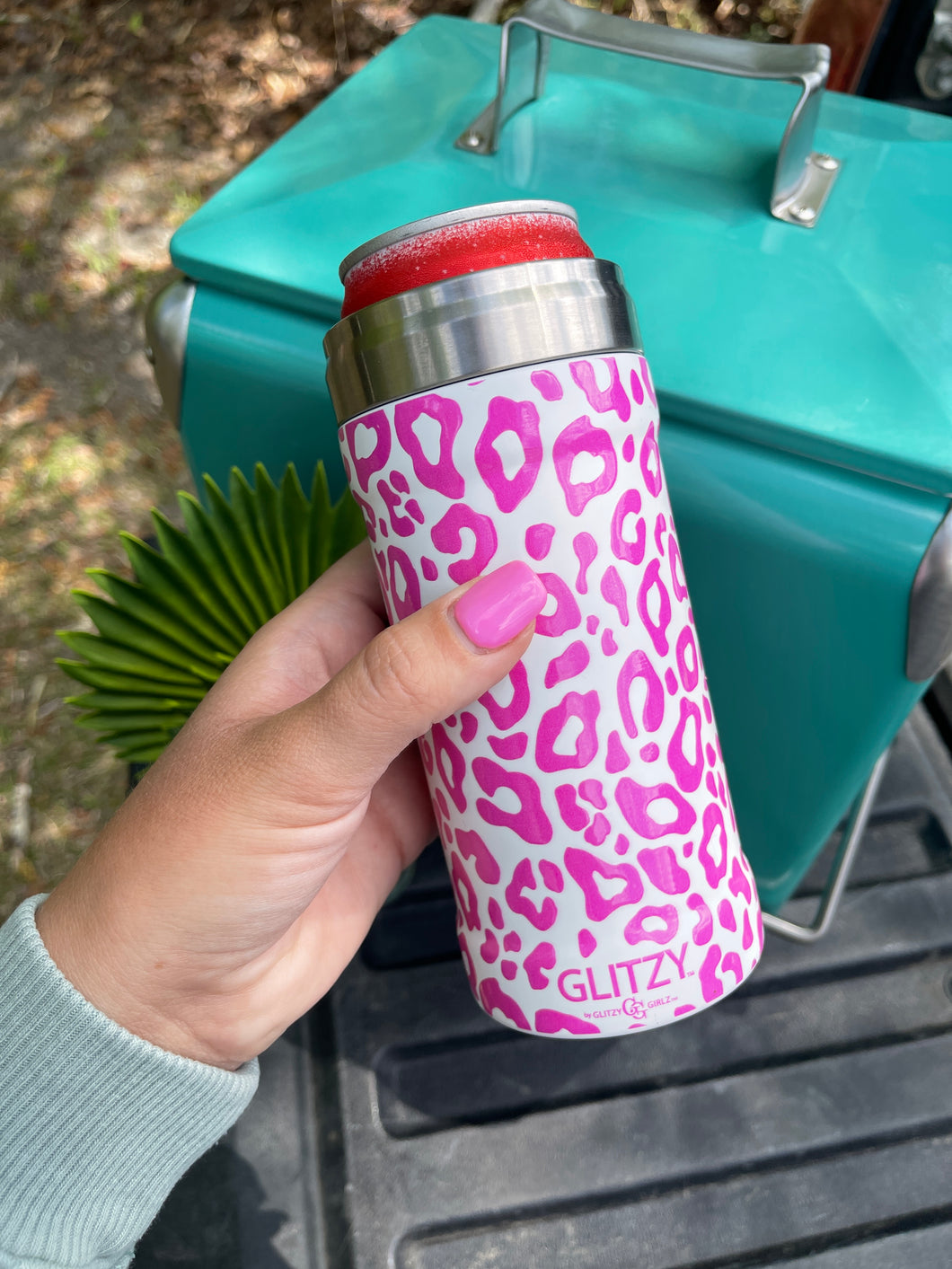 Glitzy Skinny Can Cooler - Pink Leopard