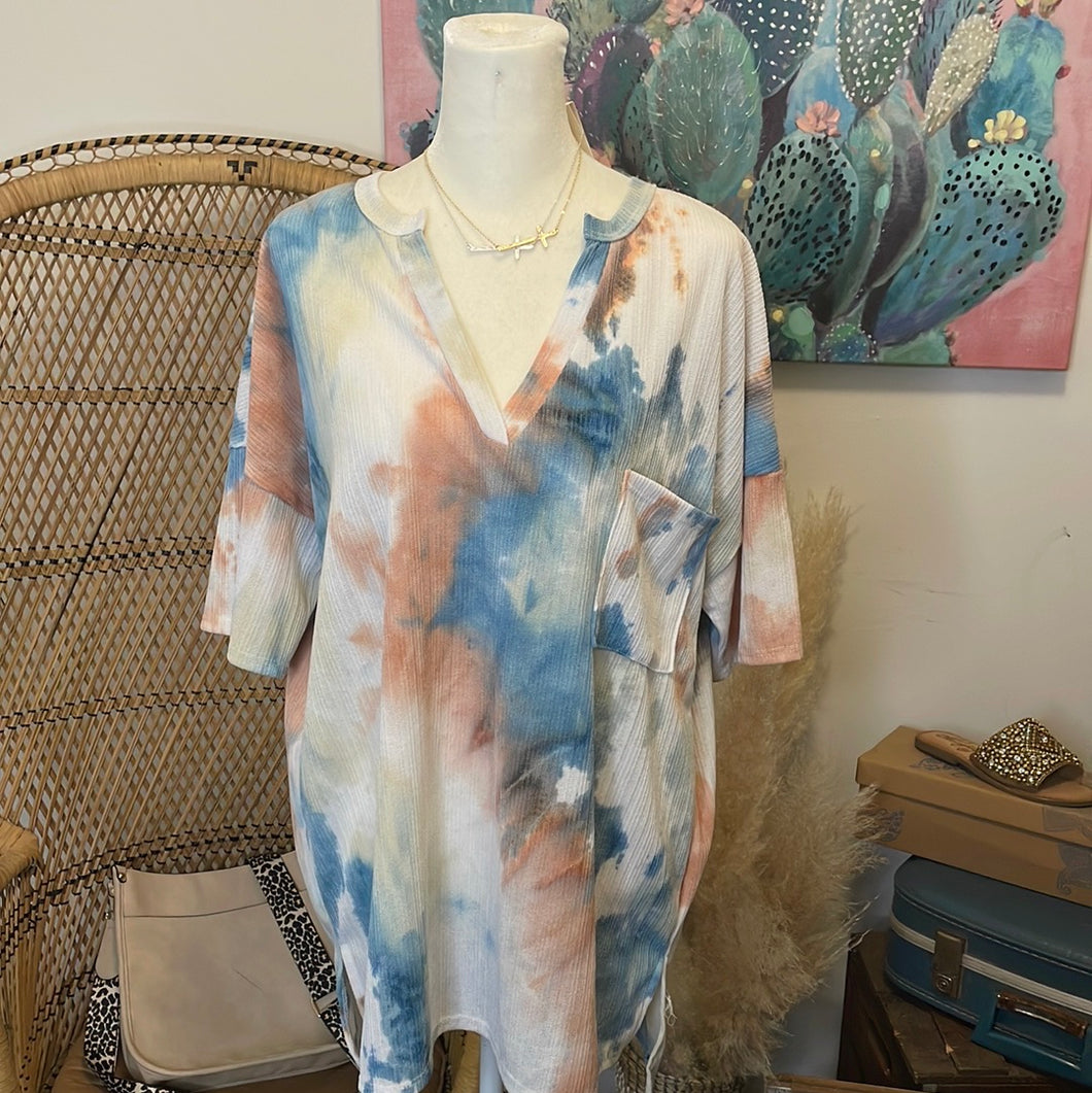 Peach and Blue Tie Dye Top