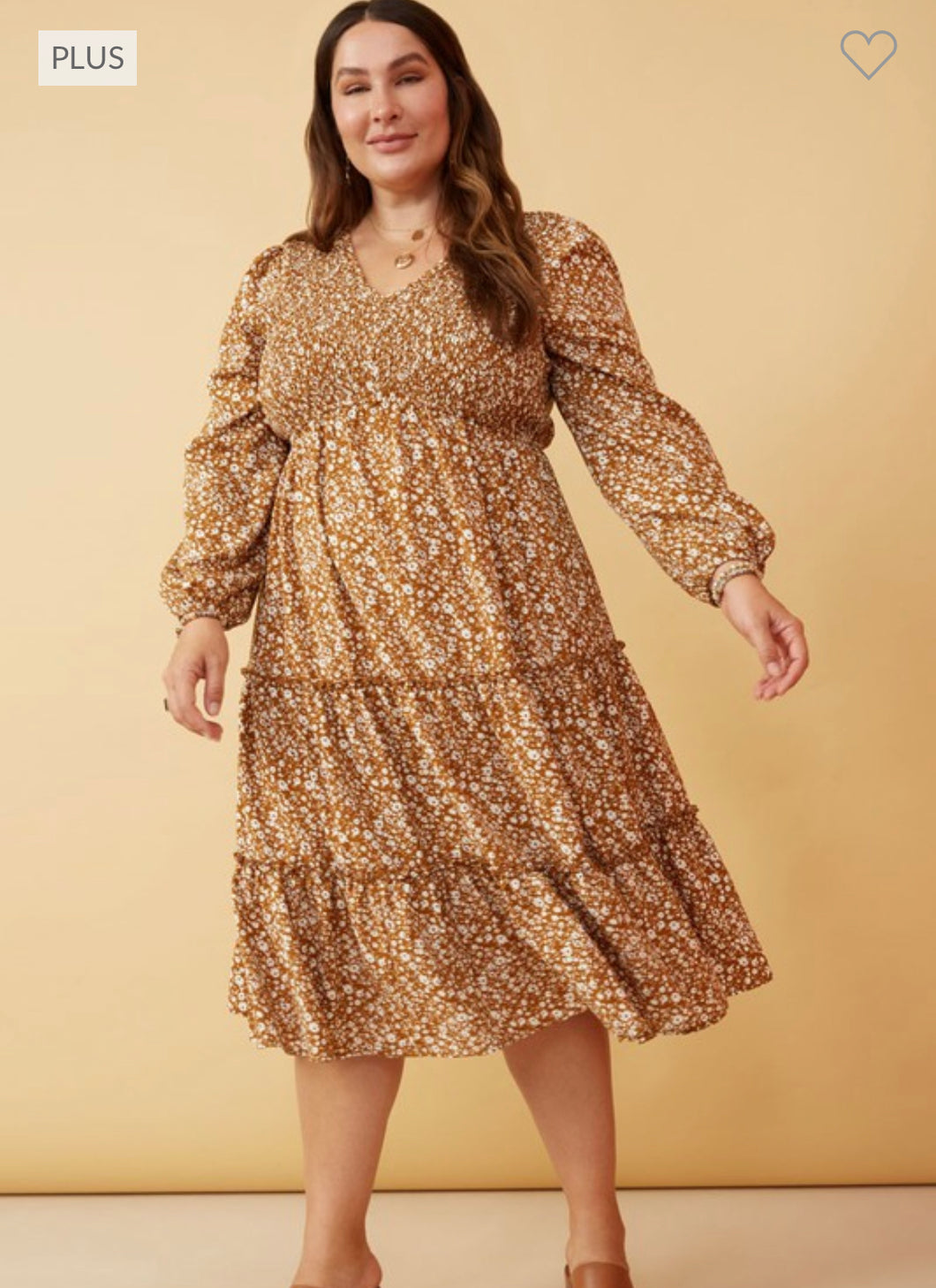 Camel Smocked Midi Dress-Plus