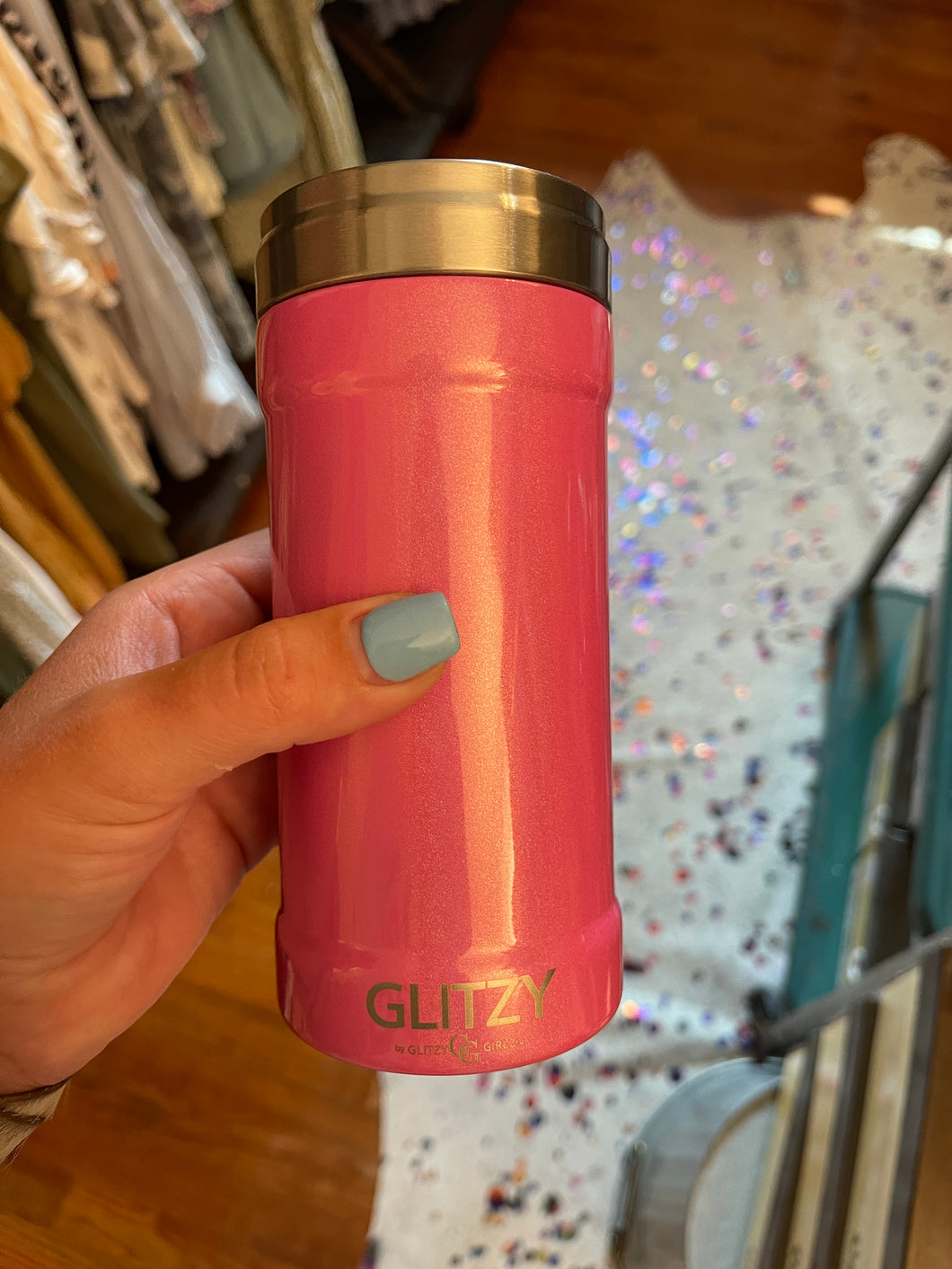 Glitzy Skinny Can Cooler - Pink Glitter