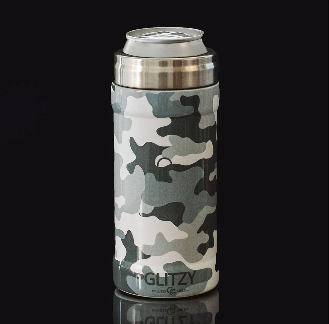 Glitzy Skinny Can Cooler - Snow Camo