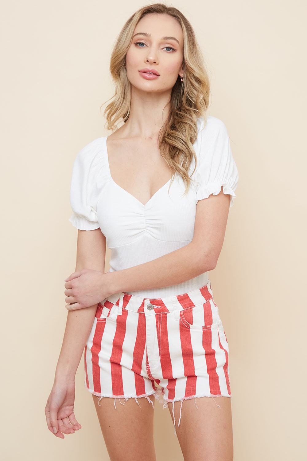 Red Stripes Denim Shorts