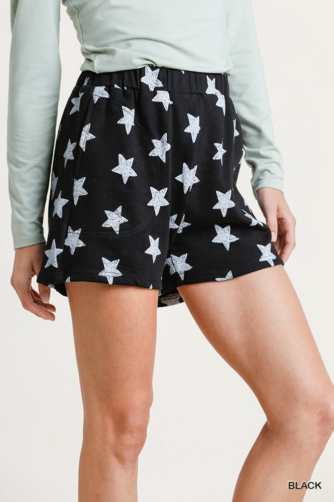 French Terry Star Print Shorts with Elastic Waist